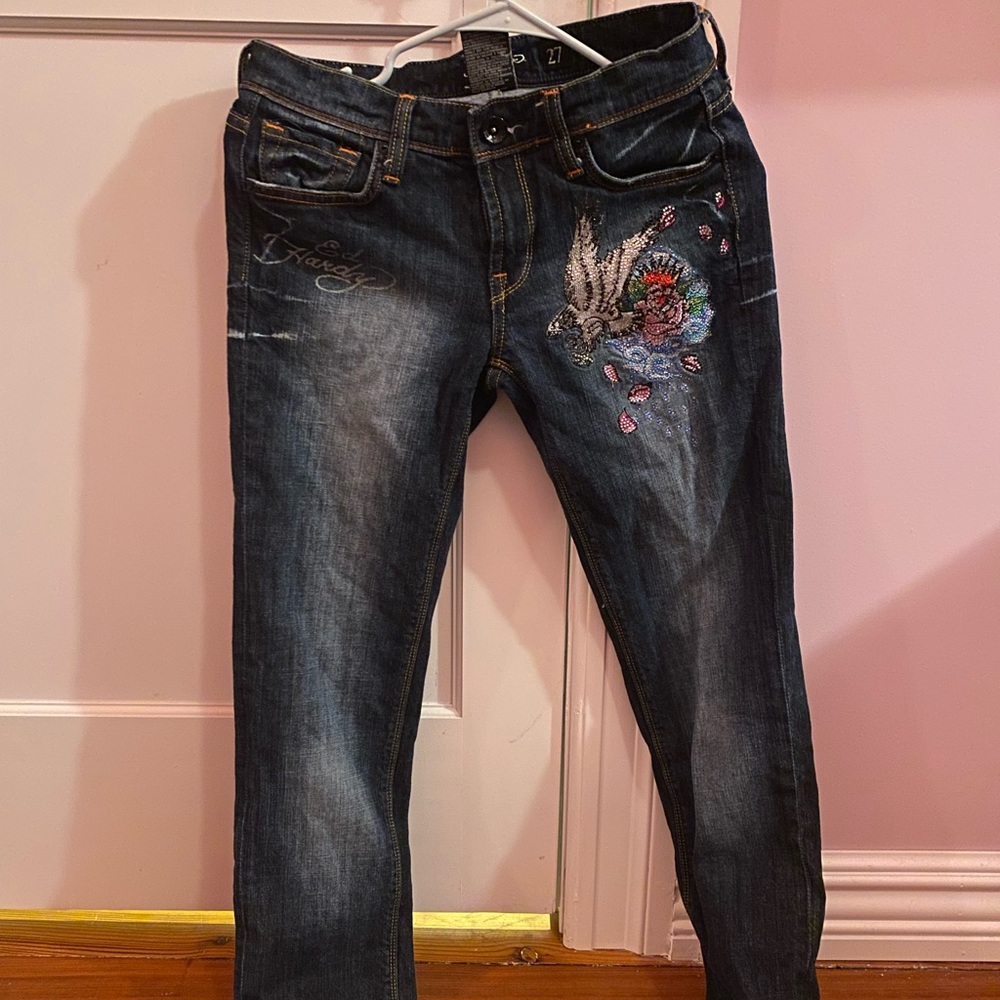 cute ed hardy bedazzled tattoo jeans